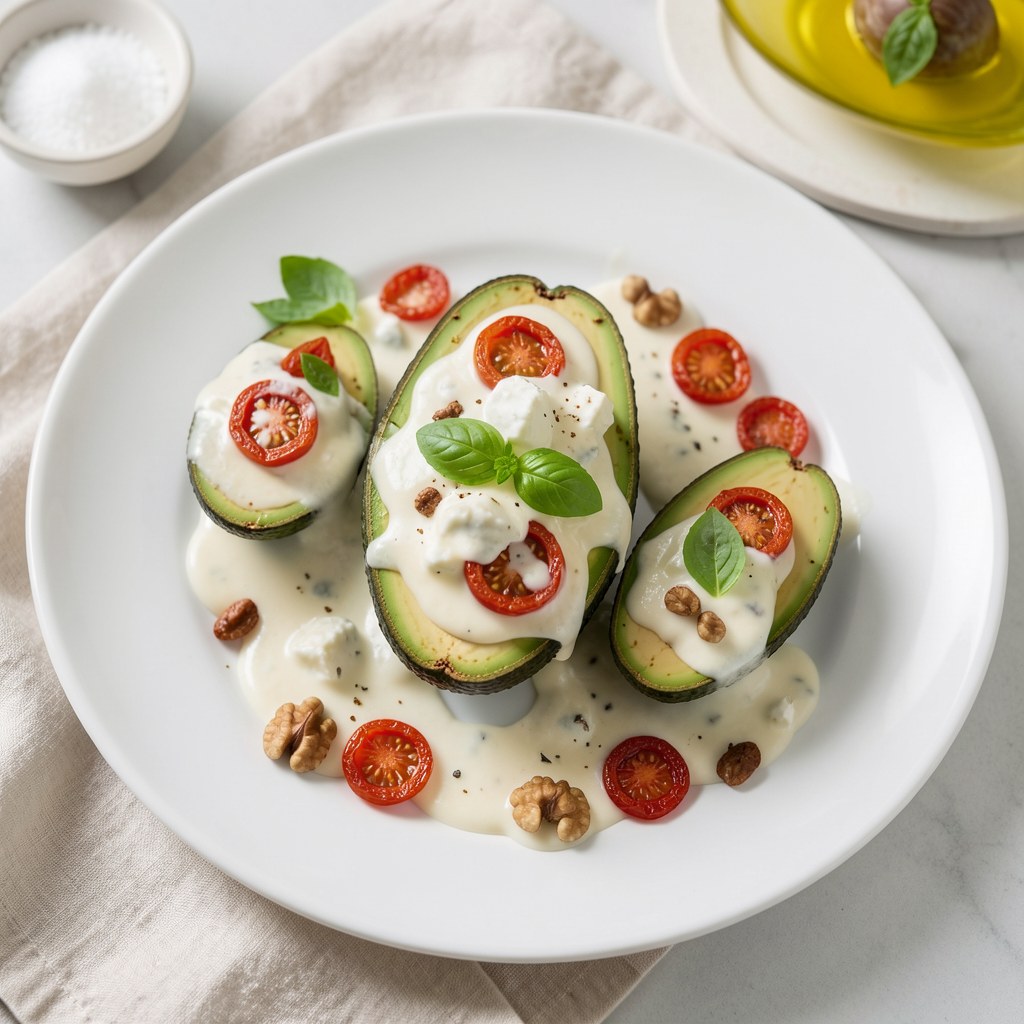 Zapiekane awokado w sosie gorgonzola z bazylią i suszonymi pomidorami