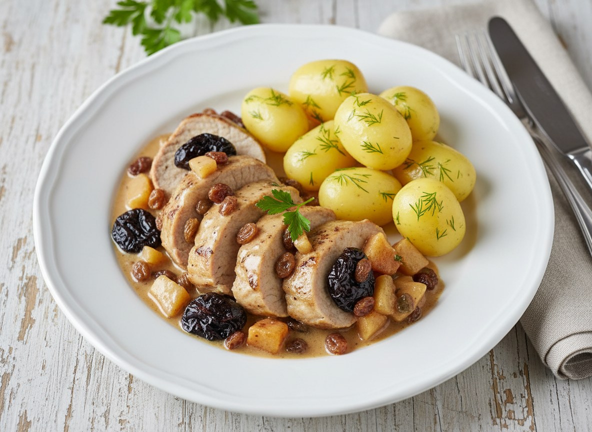 Polędwiczki wieprzowe po duńsku z duszonymi śliwkami, jabłkami i rodzynkami
