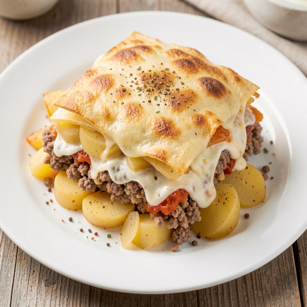 Zapiekanka z gotowanego mięsa i ziemniaków