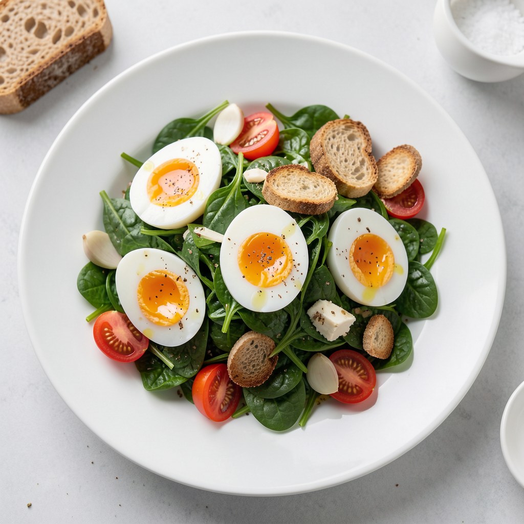 Sałatka ze szpinaku z jajkami w koszulkach i serem pleśniowym