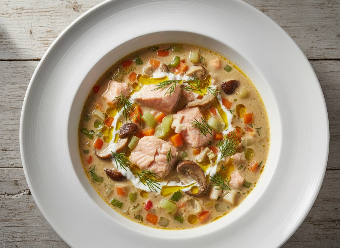 Zupa z sandacza i łososia z borowikami i warzywami aromatyzowana oliwą truflową