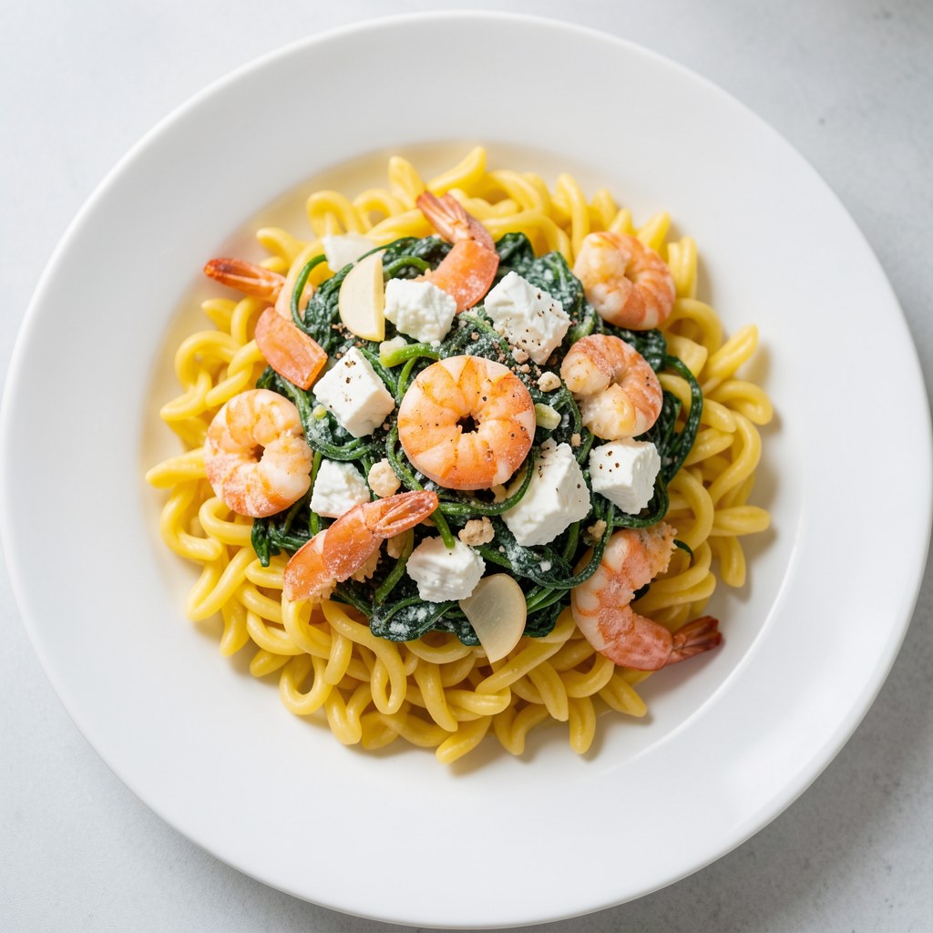 Żółty makaron z cytrynowym szpinakiem i krewetkami