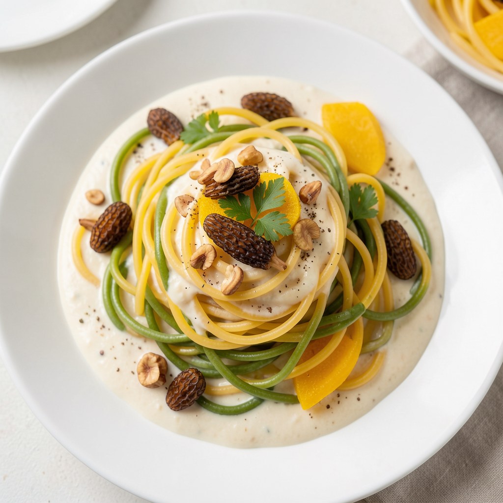 Zielono-żółte spaghetti w sosie serowym