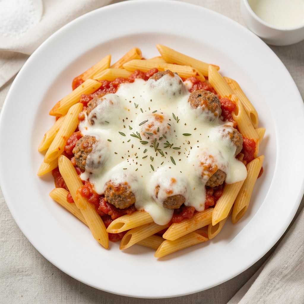 Zapiekanka - makaron z kulkami mięsnymi