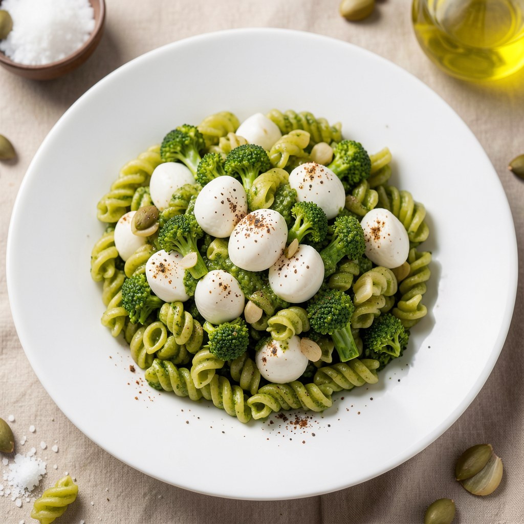 Makaron z soczewicą i mozzarellą w brokułowym pesto