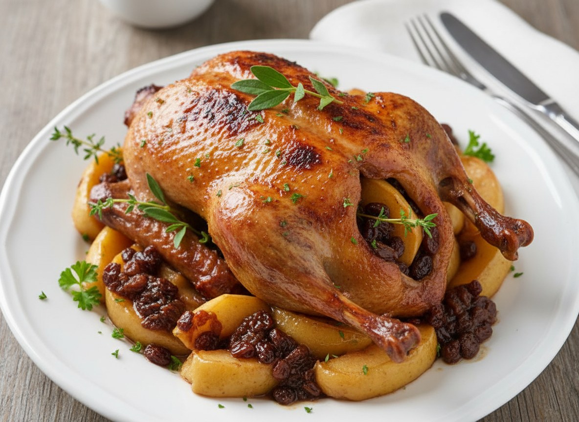 Pieczona kaczka z jabłkami i sosem rodzynkowym