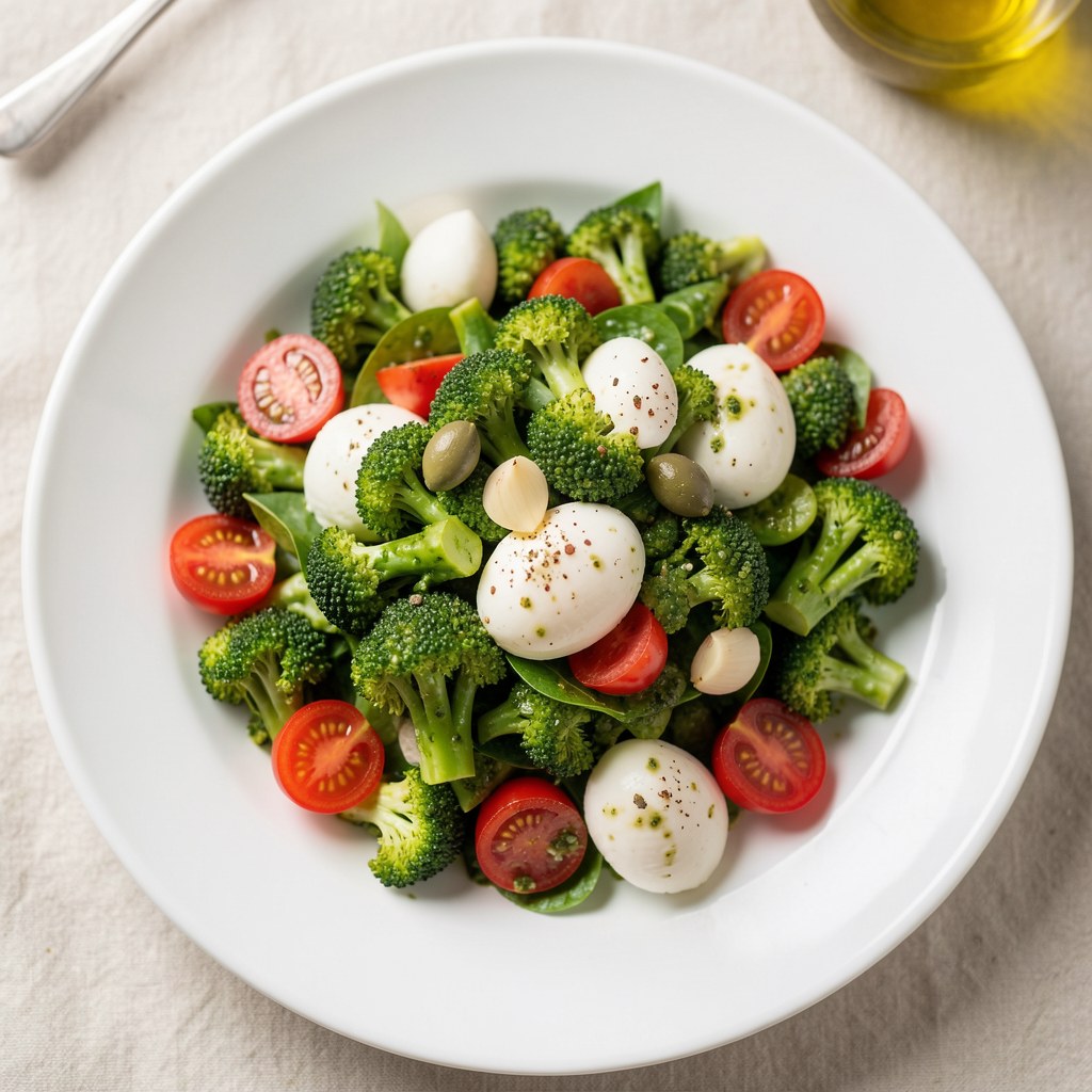 Brokułowe pesto na sałatce z zielonej soczewicy, mozzarelli i pomidorków