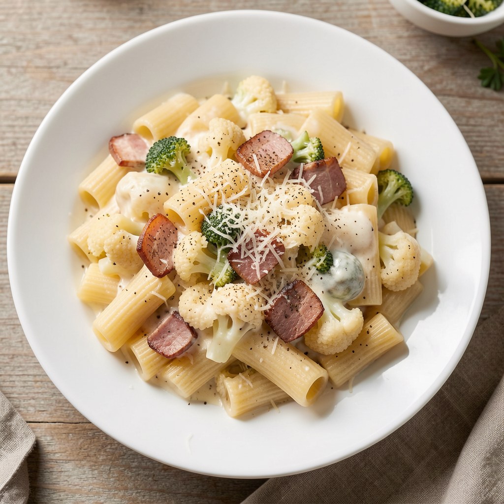 Rigatoni z boczkiem i brokułami