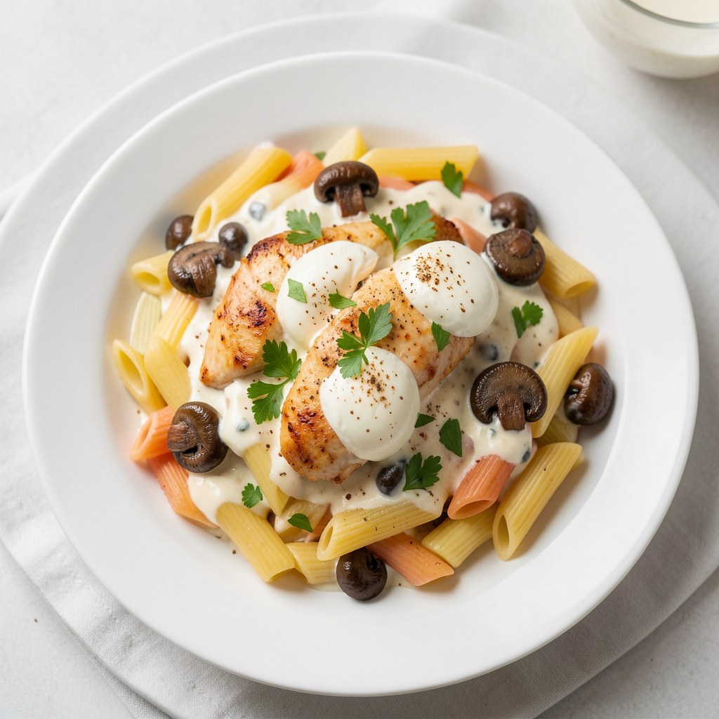 Makaron penne kolorowy z boczkiem i pieczarkami