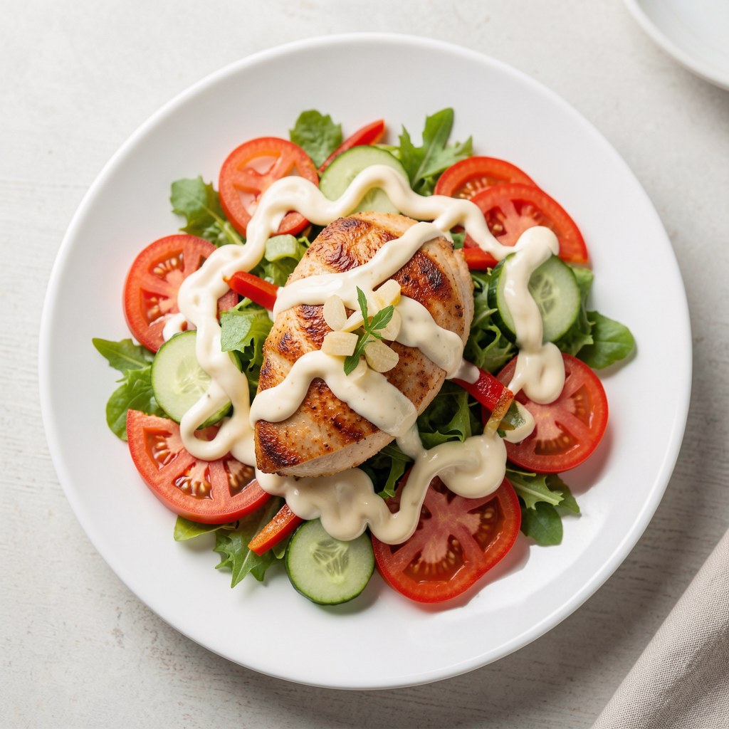 Kurczak na sałatce z ostrym sosem czosnkowym