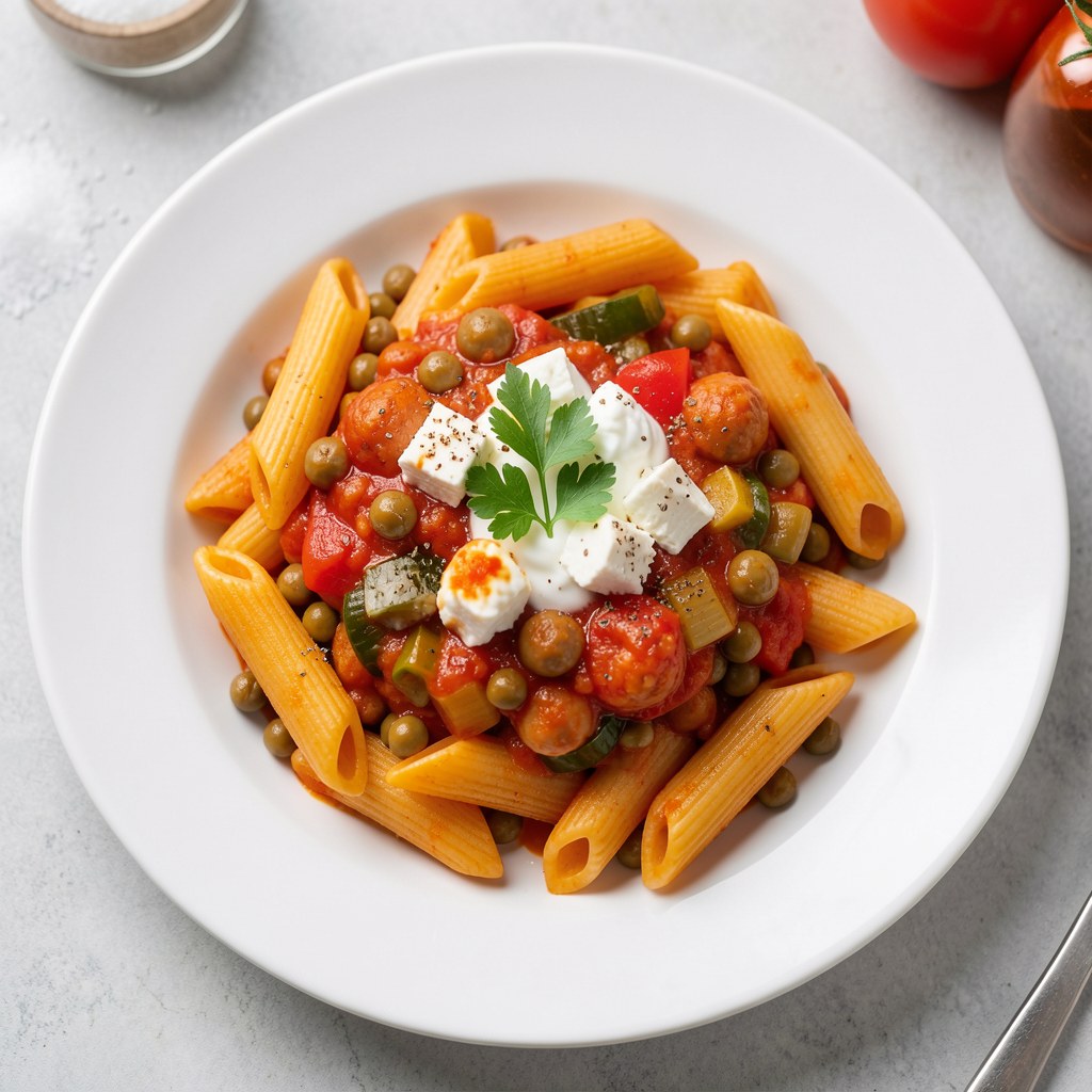 Złocisty makaron z mocno pomidorowym sosem