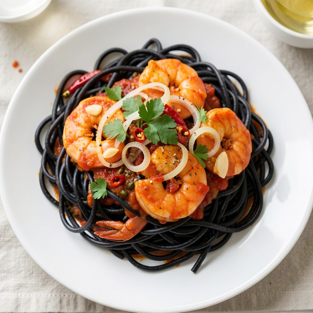 Czarne spaghetti z krewetkami