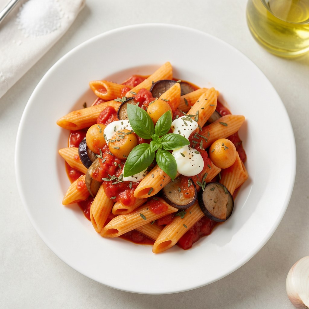 Penne z bakłażanem i pulpecikami w sosie pomidorowym