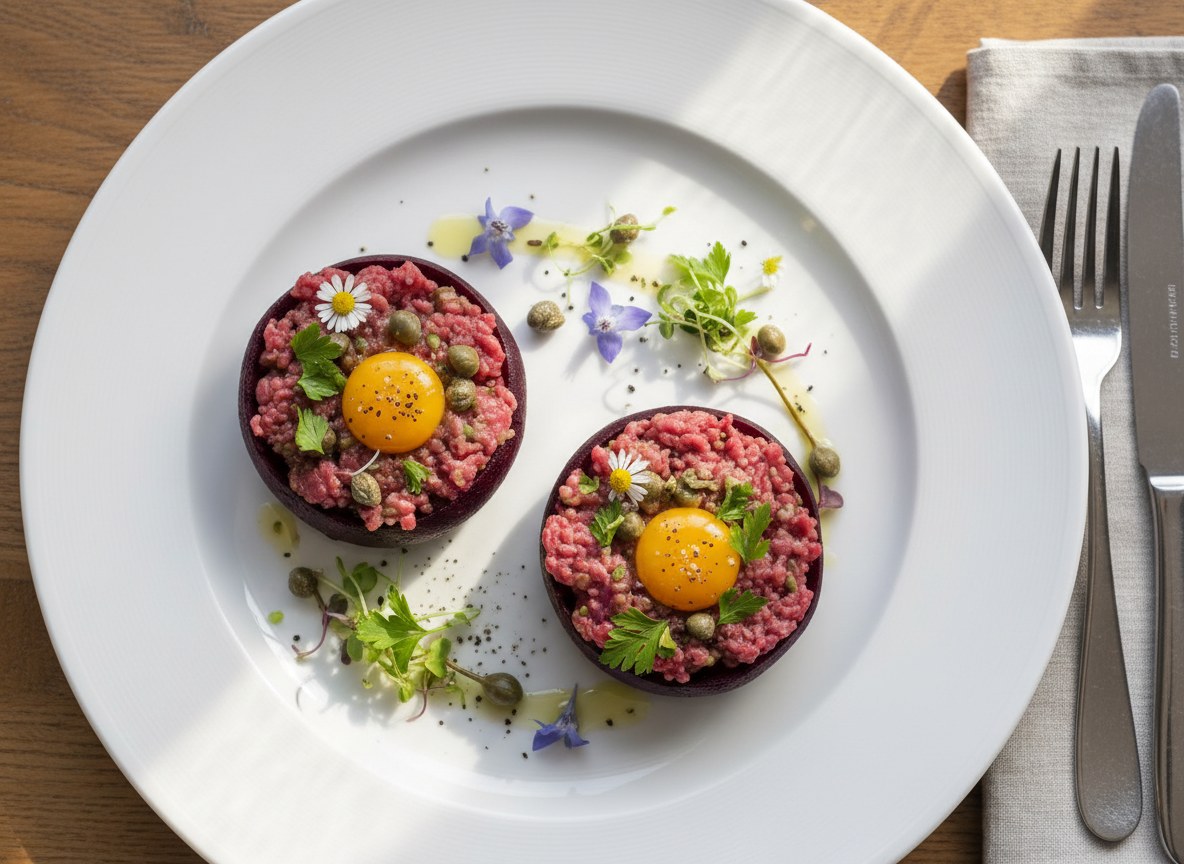 Tatar ze strusia z buraczkami i jajkami przepiórczymi