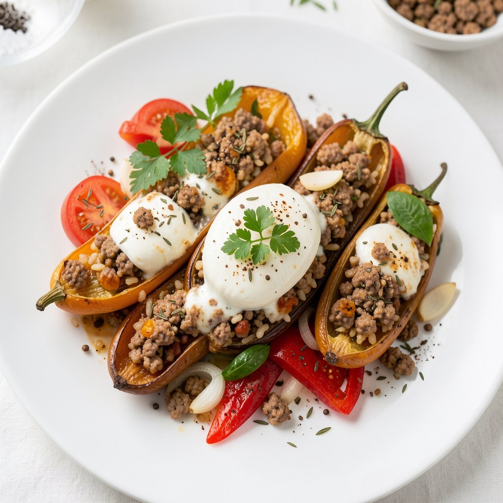 Faszerowany bakłażan i towarzyszące mu papryki