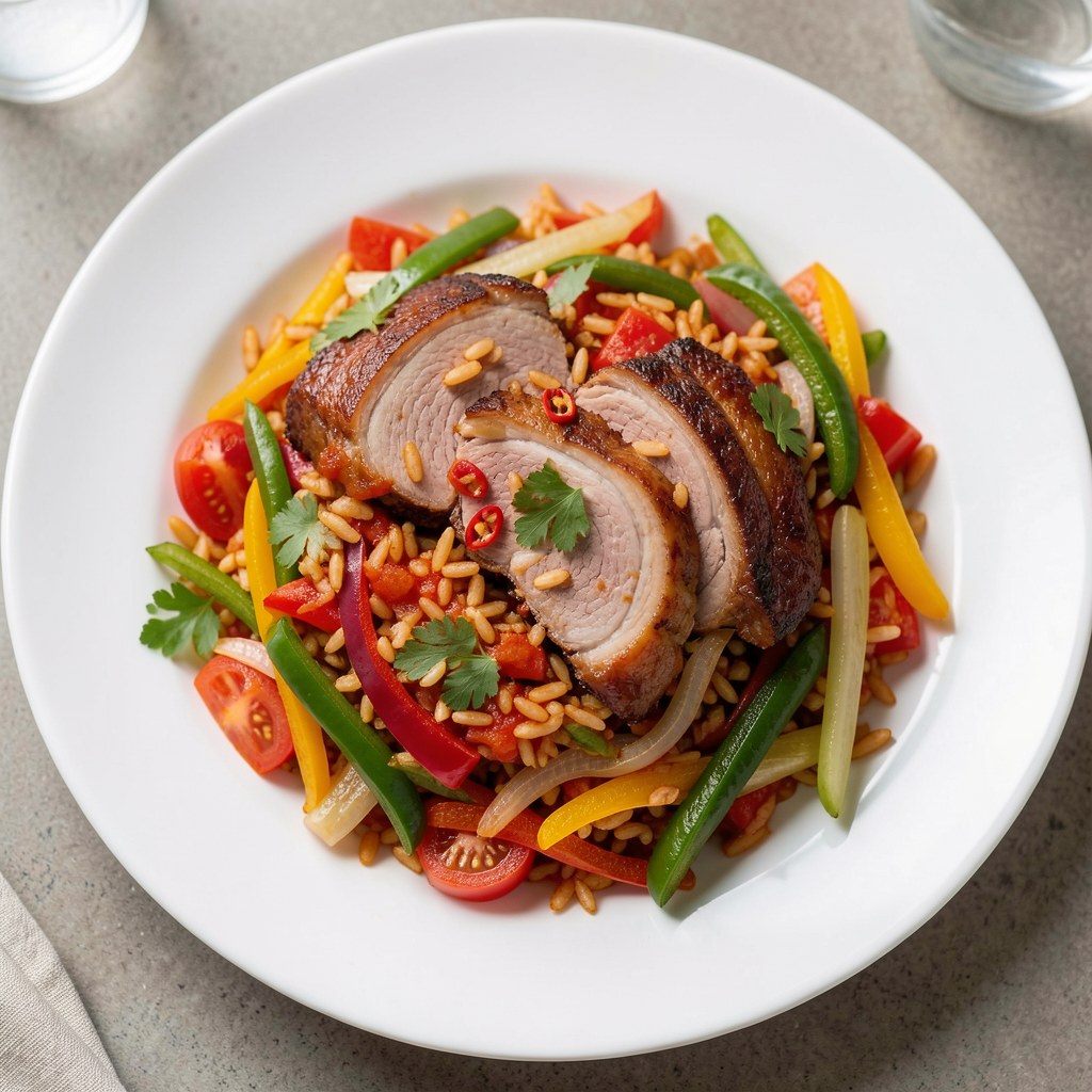 Ryż pomidorowy z boczkiem i warzywami