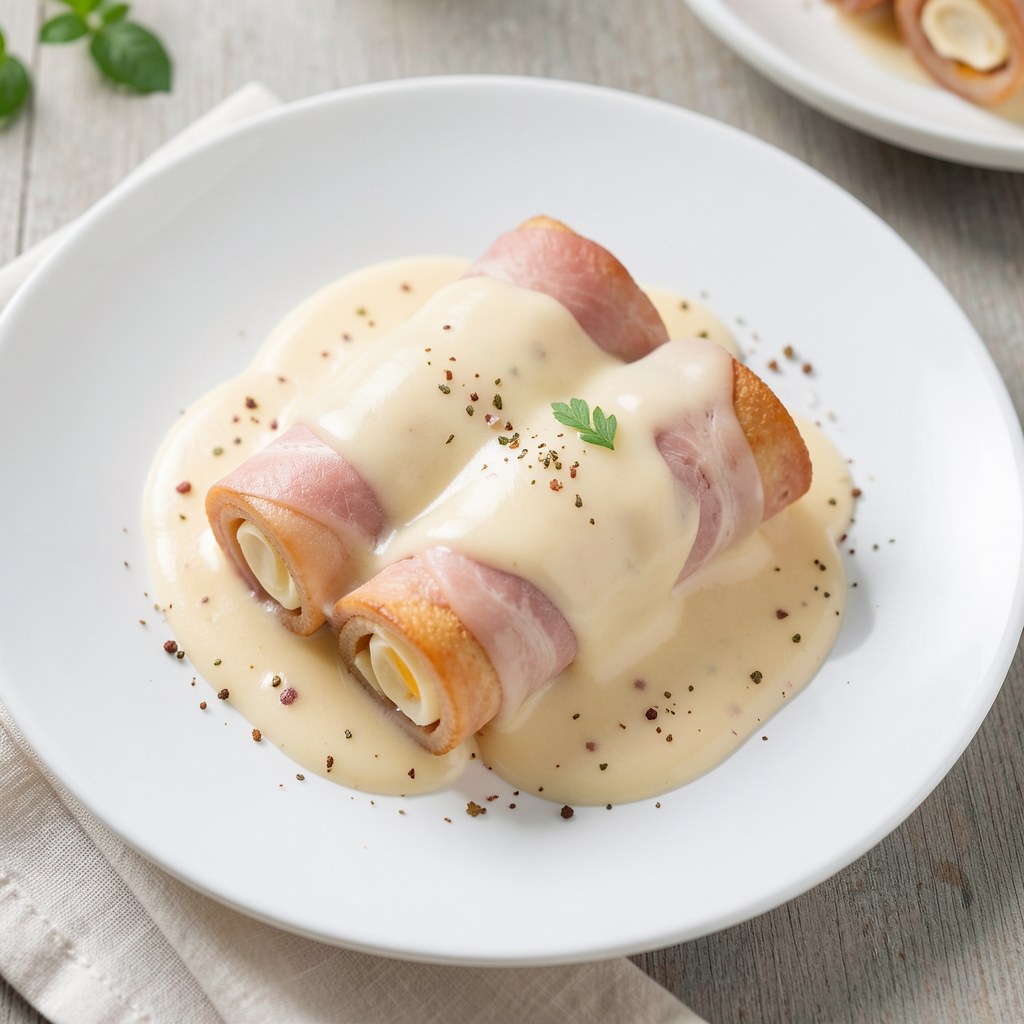 Roladki z szynki nadziewane pastą jajeczną zalane galaretą