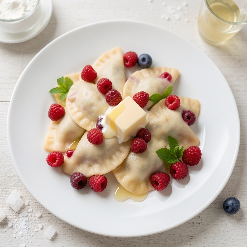 Pierogi z białym serem i malinami