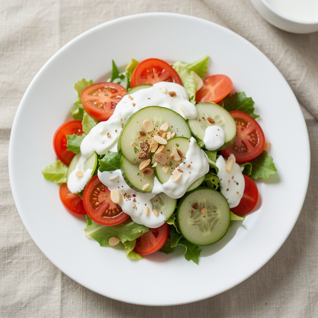 Sałatka z pomidora, ogórka i sałaty w sosie czosnkowym