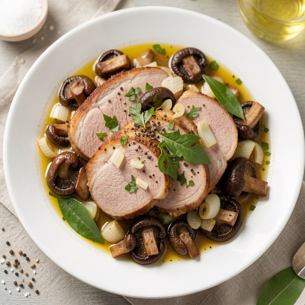 Schab duszony z pieczarkami i cebulką