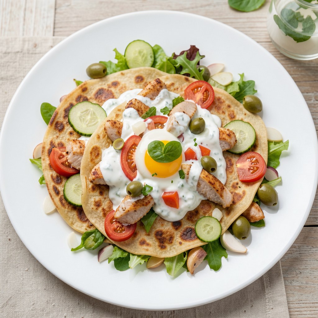 Domowa tortilla z kurczakiem i sosem czosnkowym