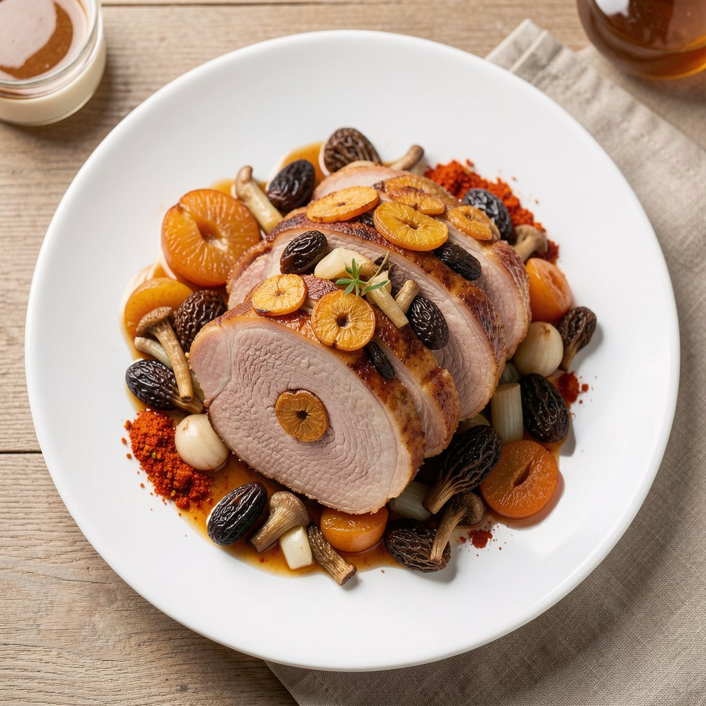 Schab pieczony ze śliwkami i morelami