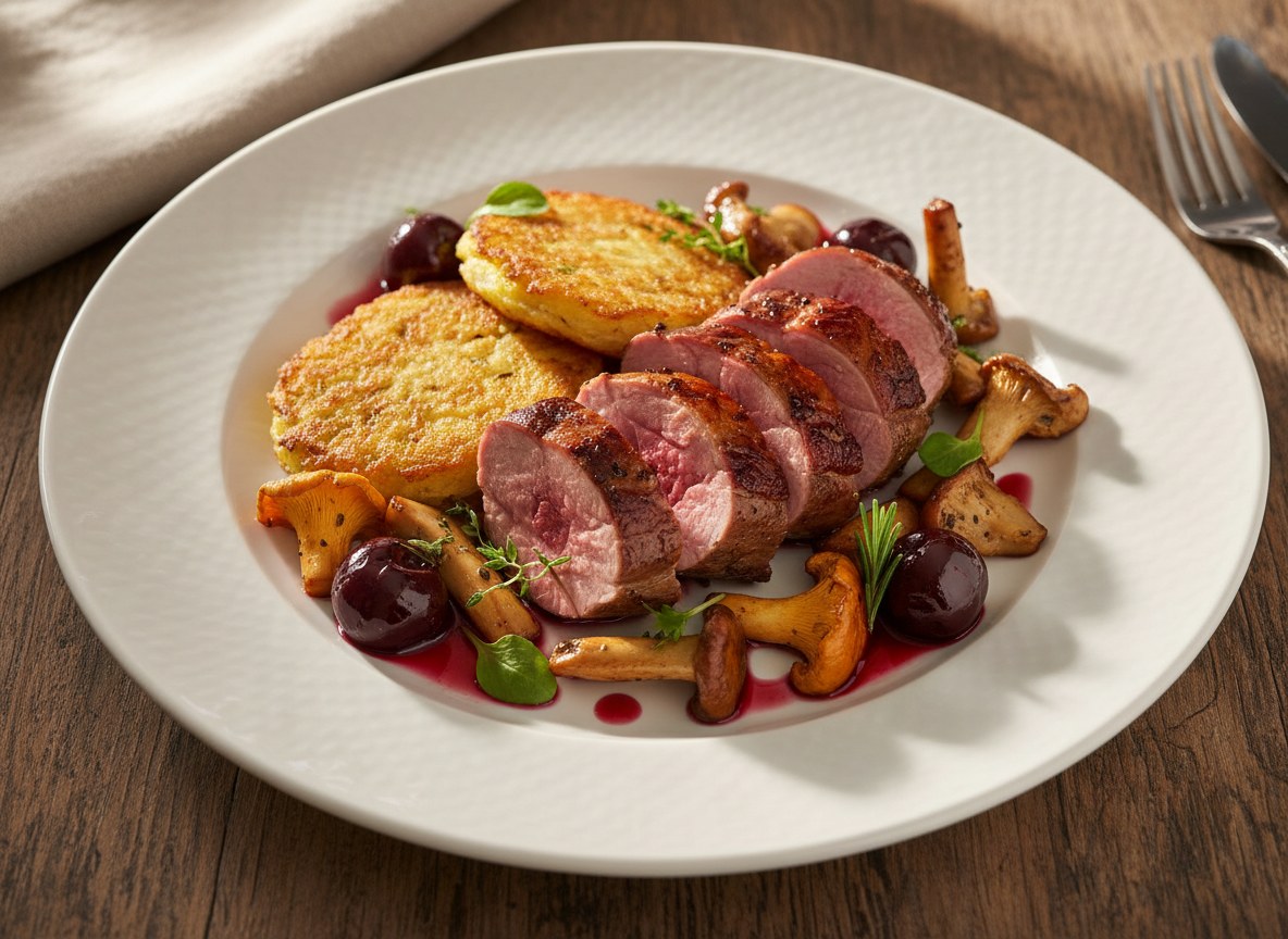 Comber z królika z grzybami leśnymi podawany na plackach ziemniaczanych z wiśniami w alkoholu