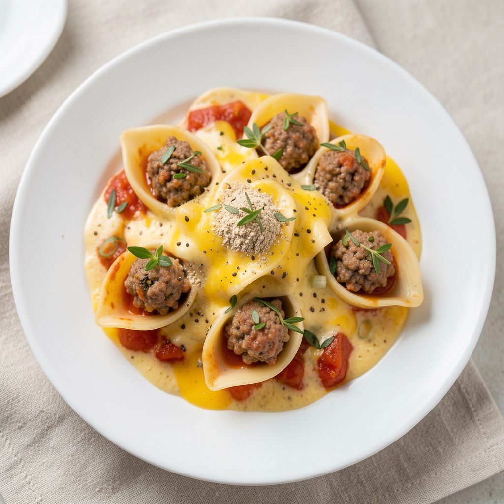 Muszle z mięsem zapiekane w sosie