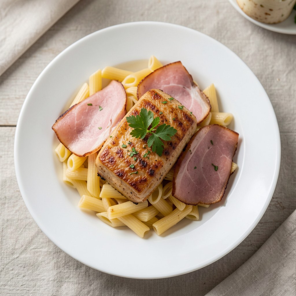 Smażona szynka z makaronem