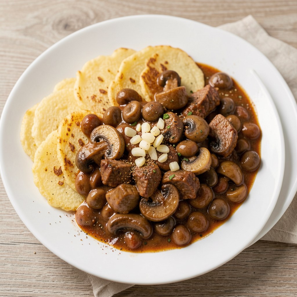 Placek z gulaszem mięsno pieczarkowym