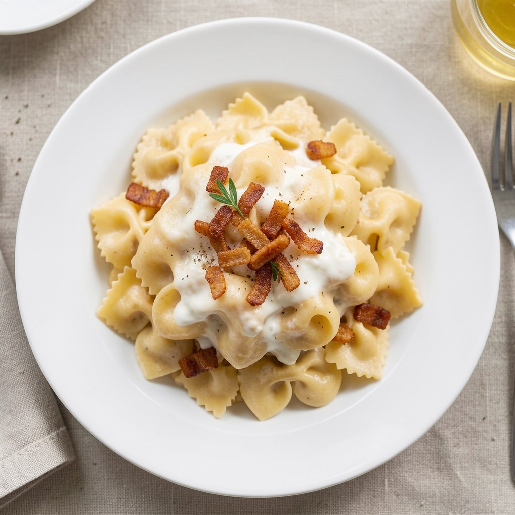 Farfale z sosem serowym i wędzonką