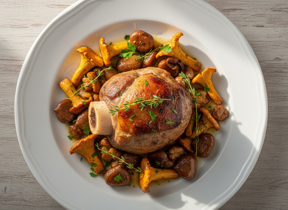 Górka cielęca z pieca podana z grzybami leśnymi i kasztanami