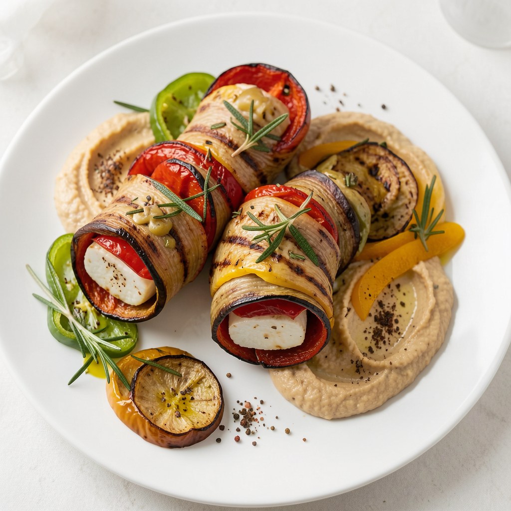 Roladki z bakłażana i pieczonej papryki z serem haloumi, rozmarynem i pikantna oliwą