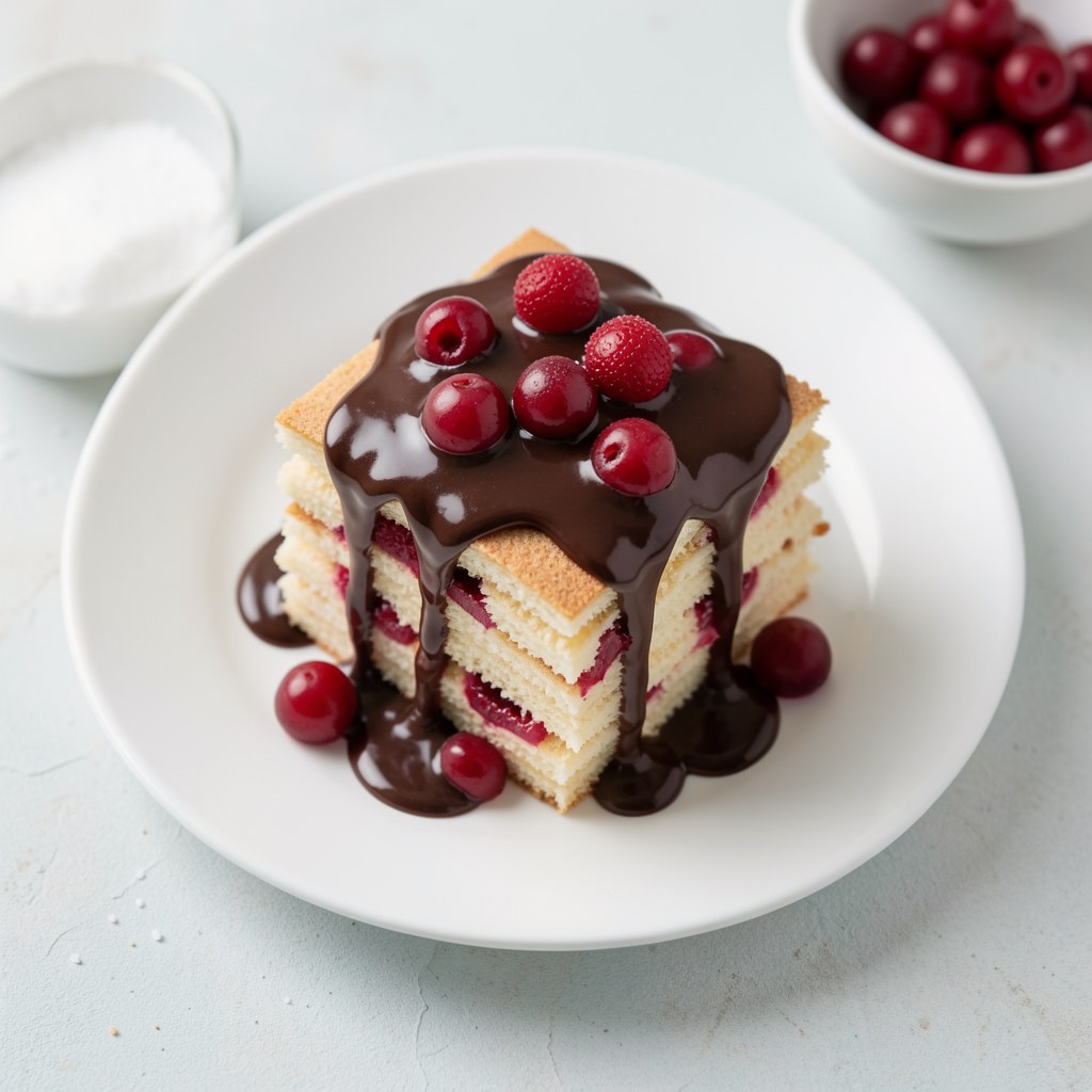 Ciasto biszkoptowe z czereśniami i polewą czekoladową