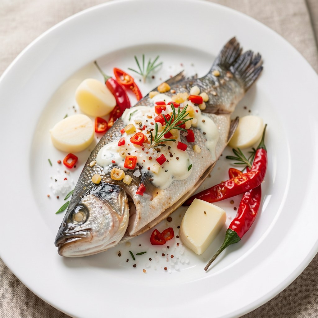 Pstrąg z czosnkiem i ostrą papryką