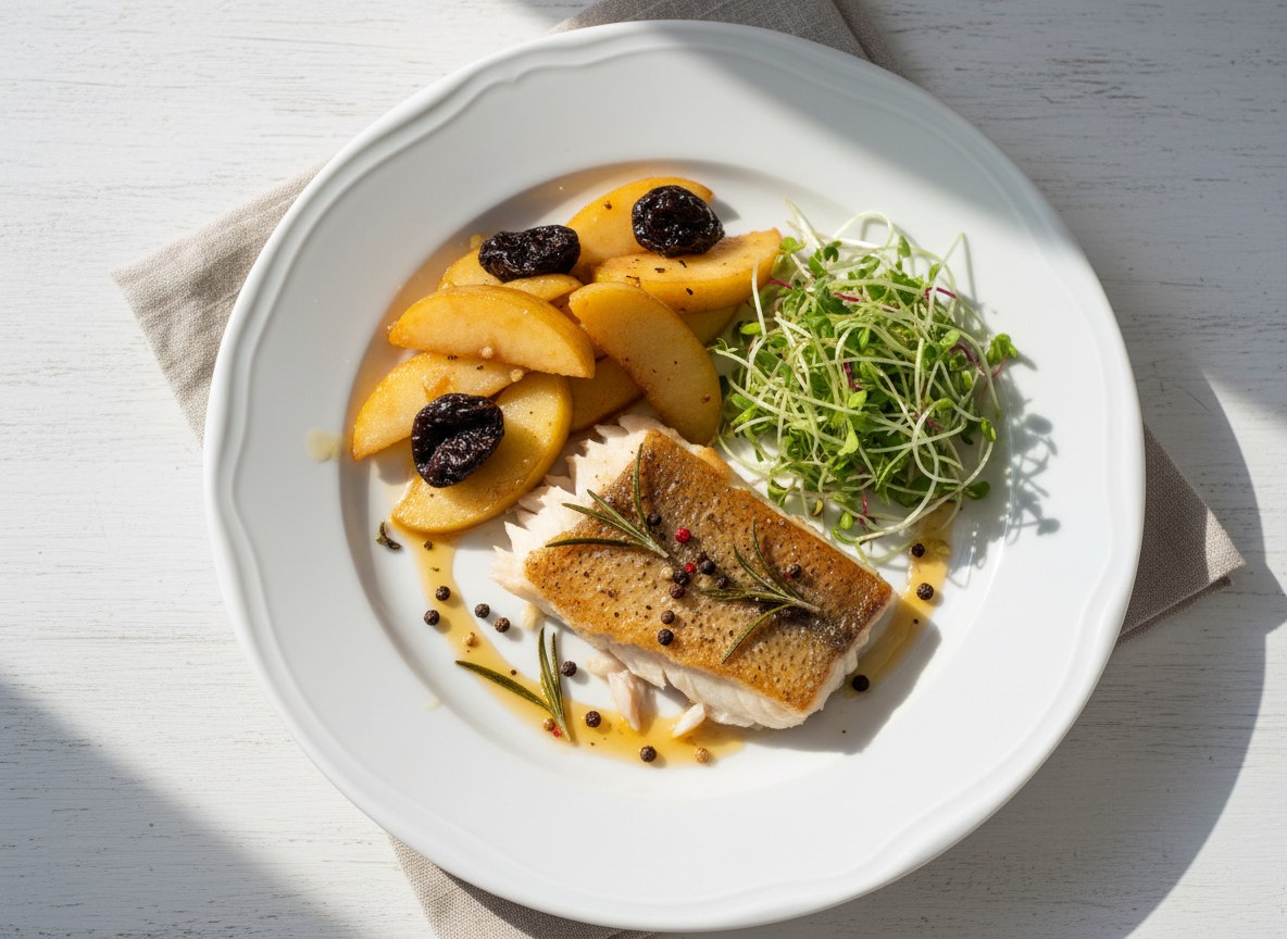 Marynowany filet z sandacza podany z sałatką ze świeżych kiełków oraz aromatycznymi gruszkami i jabłkami w miodzie i śliwowicy