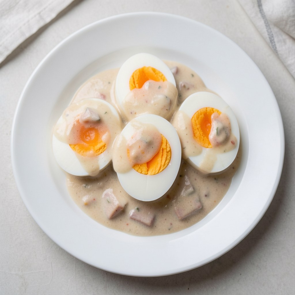 Jajka w sosie szynkowym