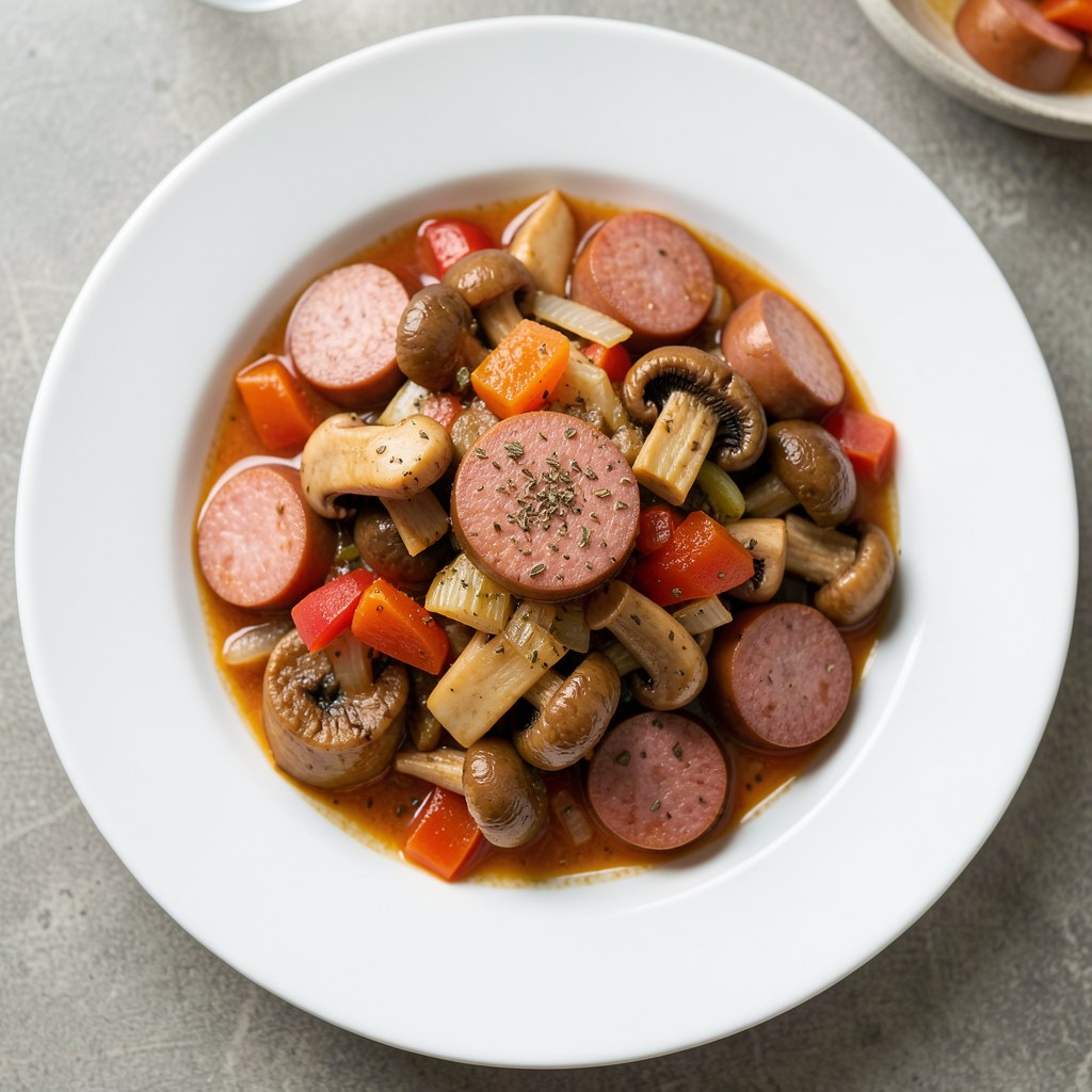 Gulasz pieczarkowy z kiełbasą
