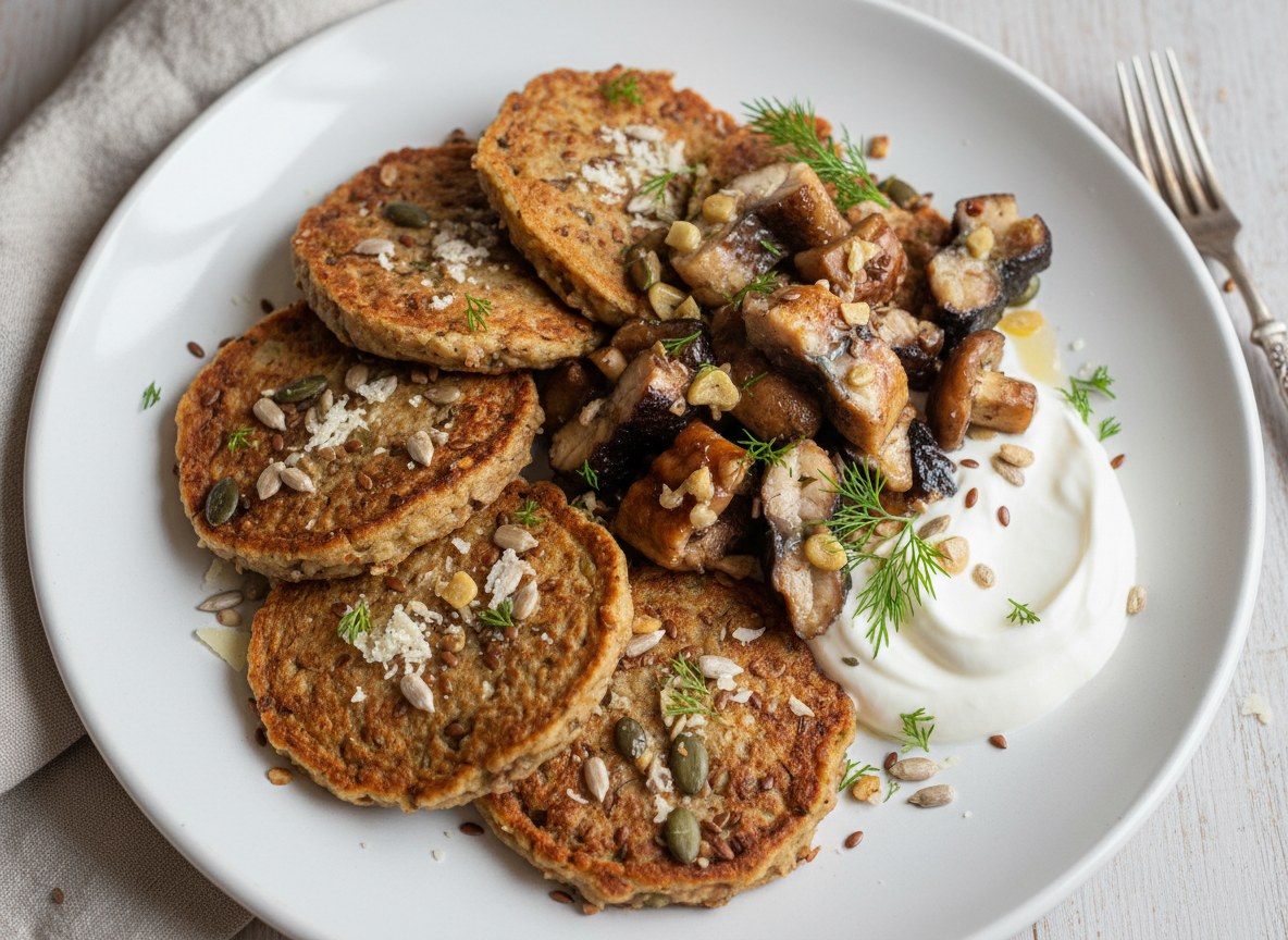 Placki z kaszy gryczanej z borowikami, ziarnami zbóż i wędzonym węgorzem z kwaśną śmietaną