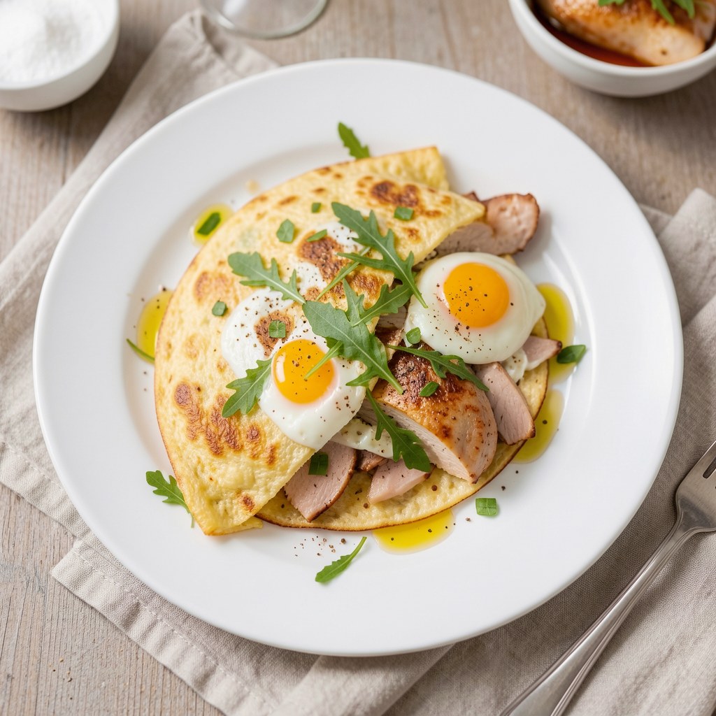 Jajecznica z pieczoną piersią z kurczaka