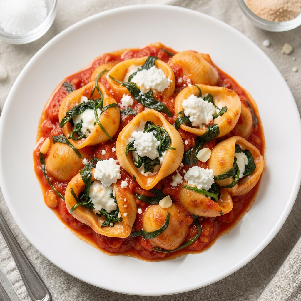 Conchiglioni ze szpinakiem w sosie pomidorowym