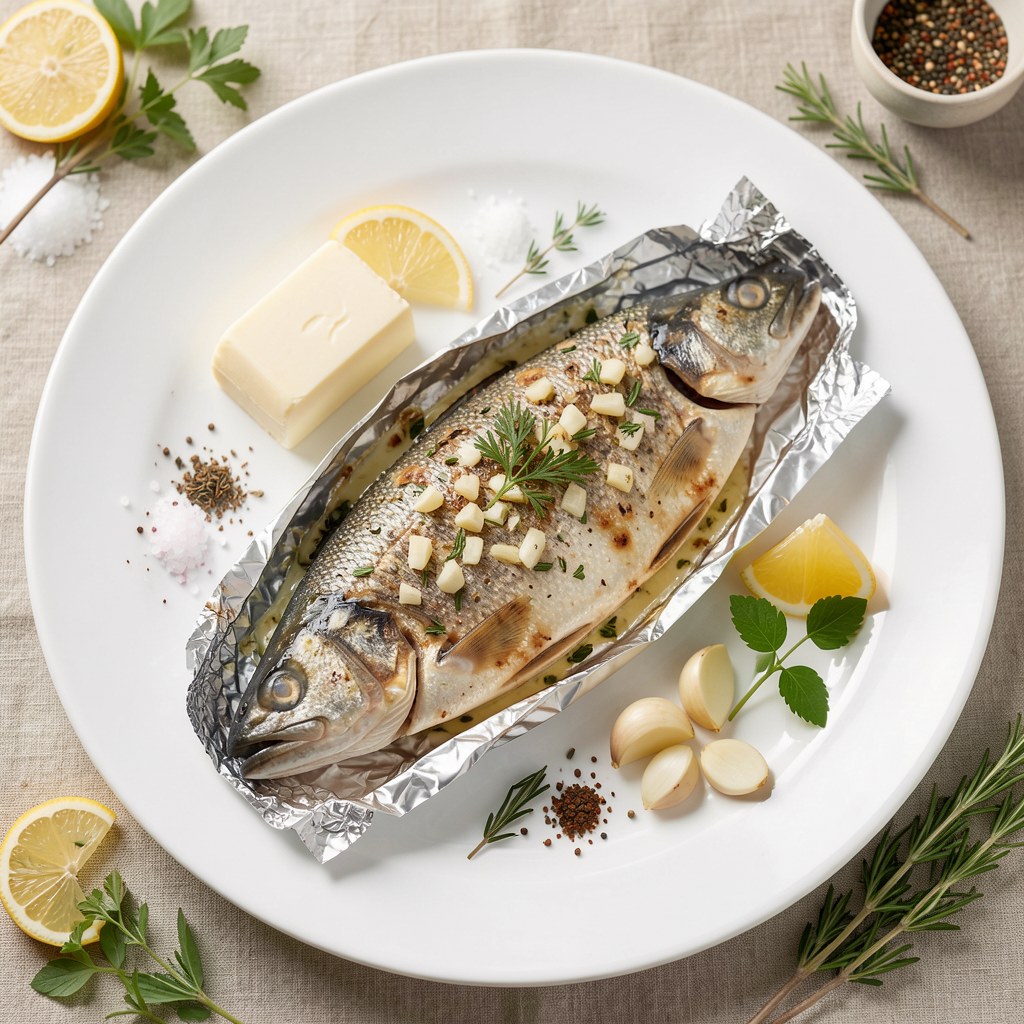 Pstrąg pieczony z masłem czosnkowym i pietruszką