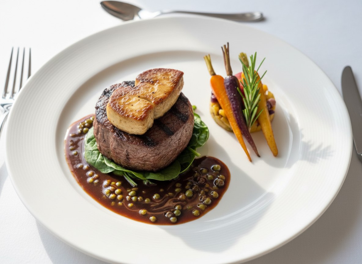 Stek z polędwicy wołowej z gęsią wątróbką podany z sosem z zielonego pieprzu i czekolady
