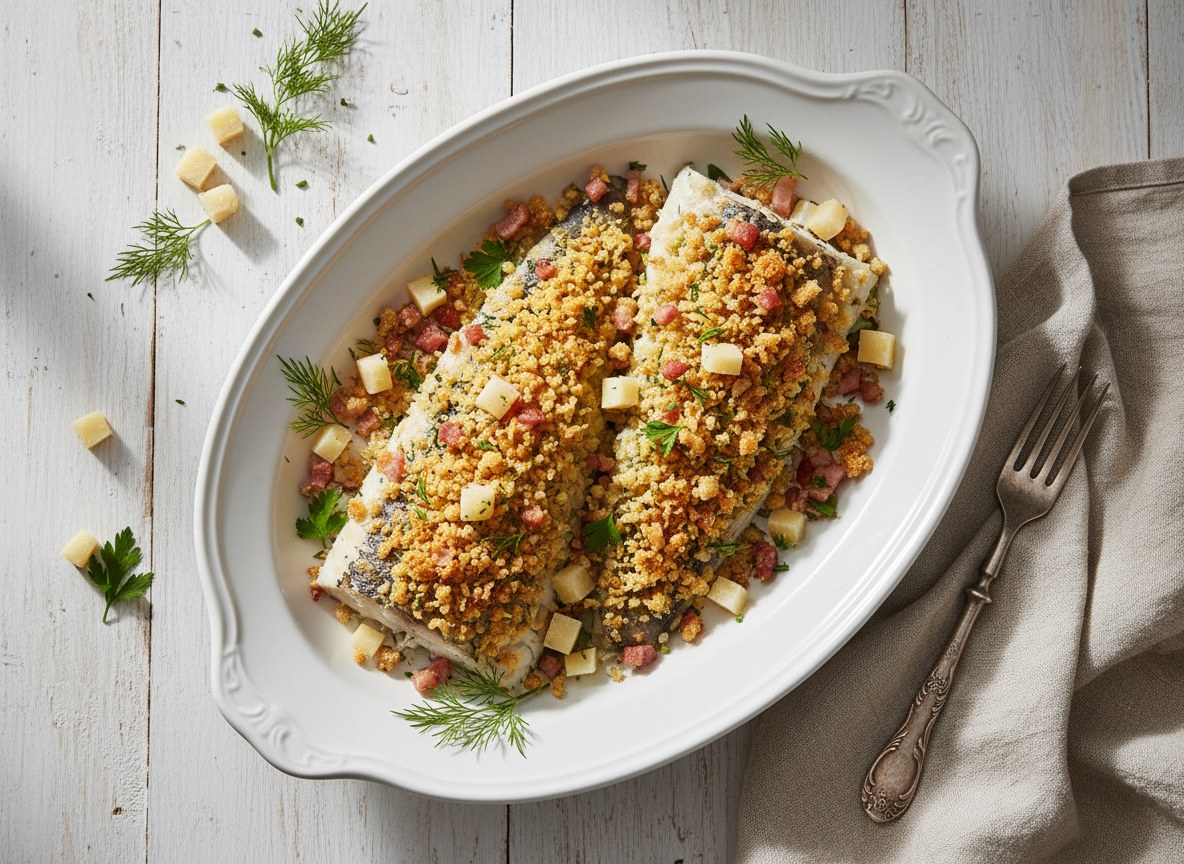 Zapiekane filety ze śledzia z kruszonką z oscypka, ziół i bekonu