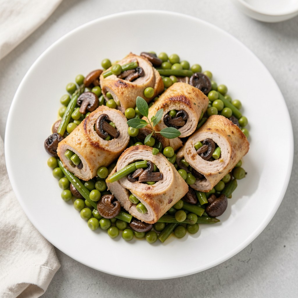 Roladki z indyka z fasolka szparagową i pieczarkami
