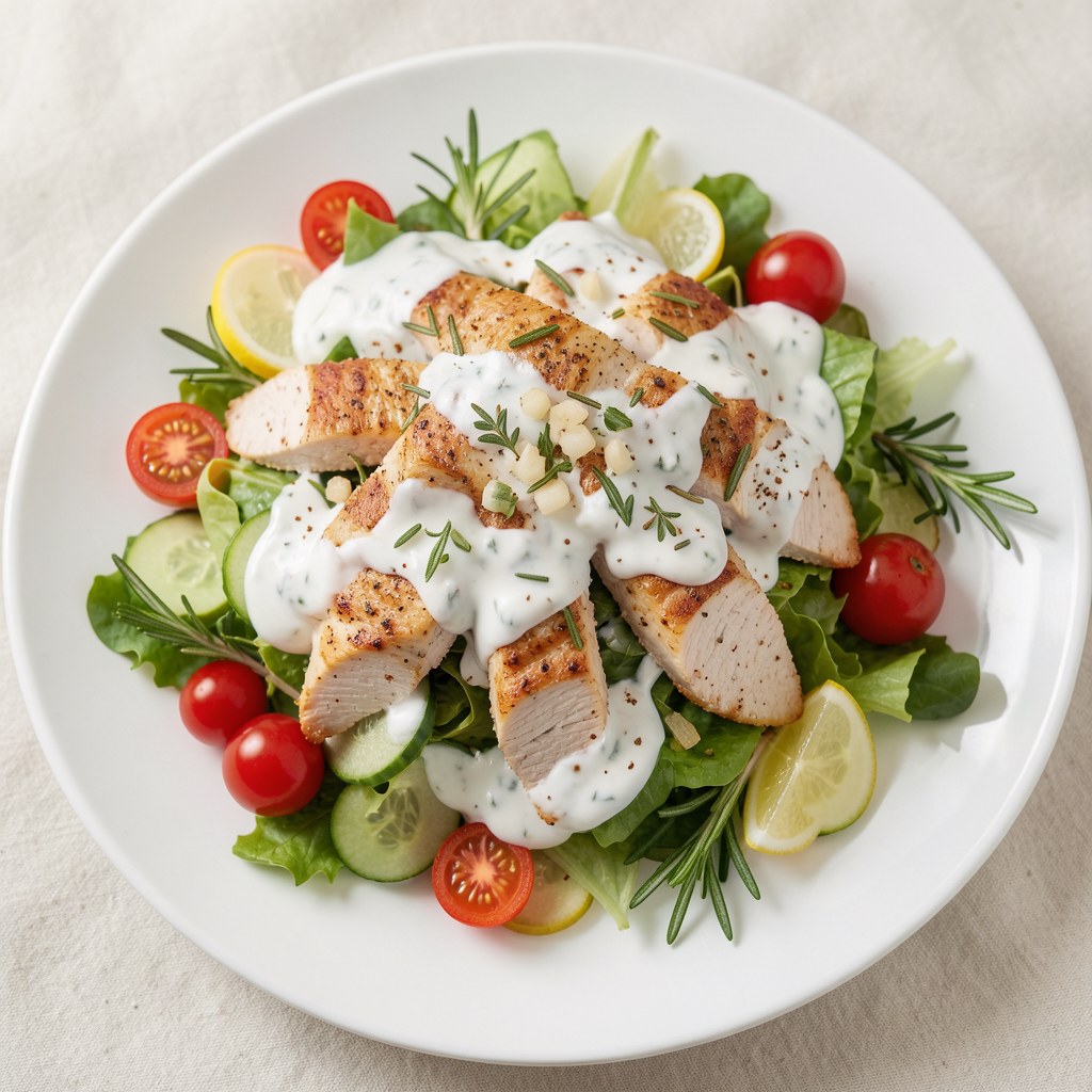 Sałata z kurczakiem i pikantnym sosem jogurtowym