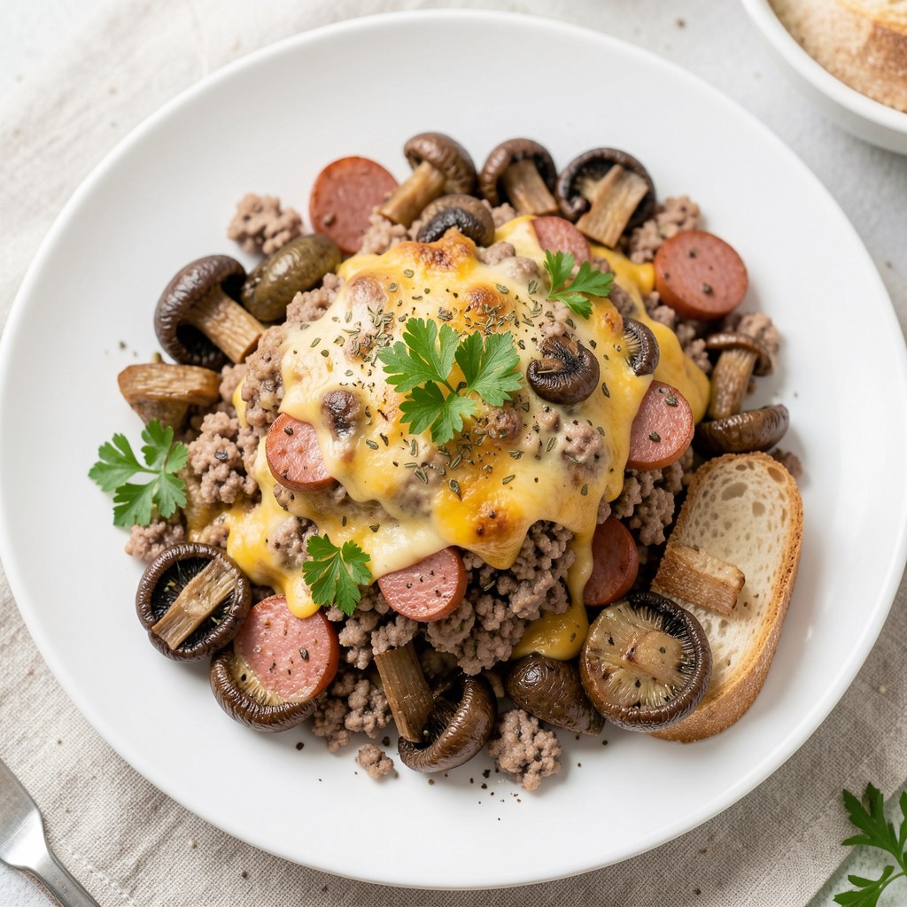 Pieczeń domowa z pieczarkami i kiełbasą