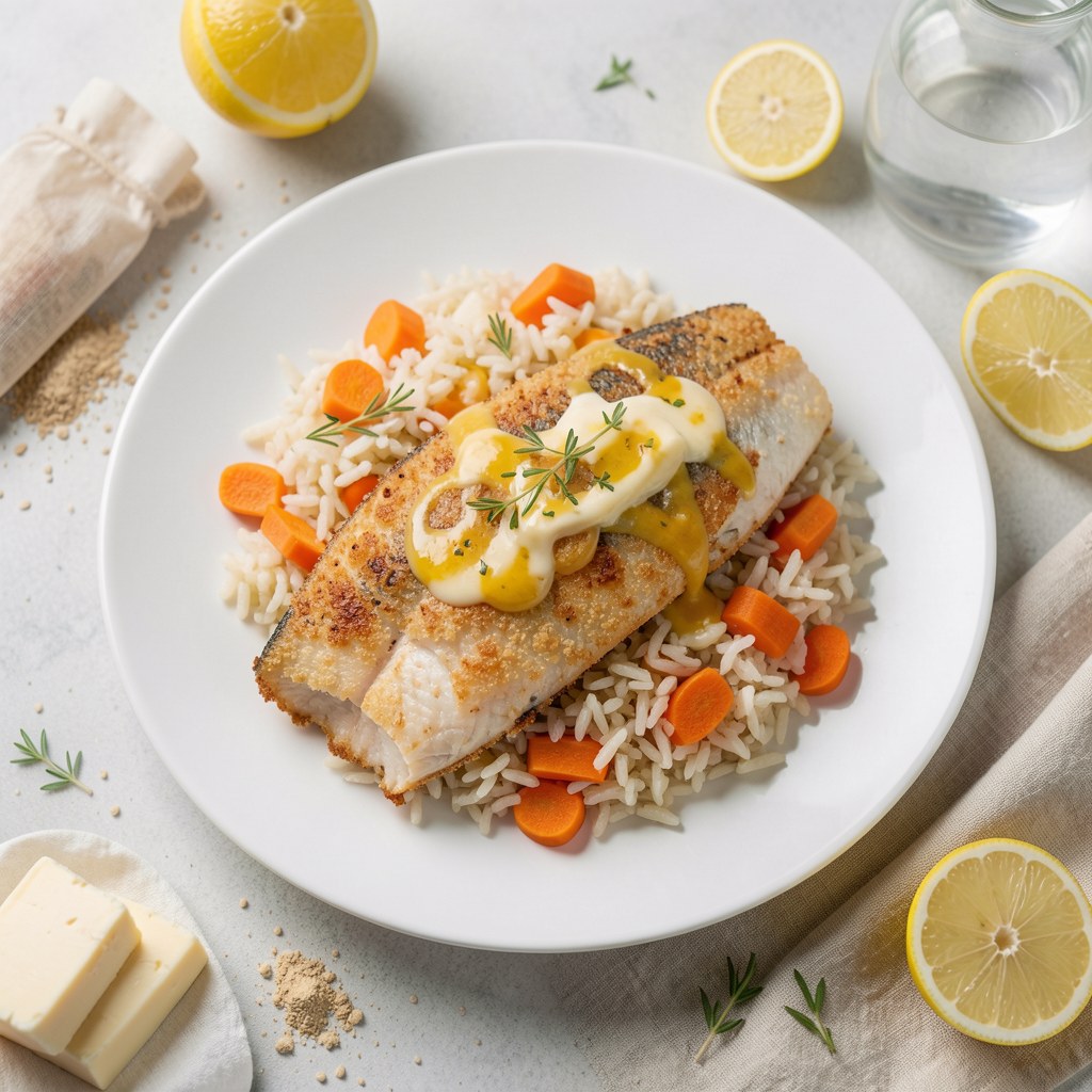 Pstrąg, mój pierwszy, z ryżem na masełku