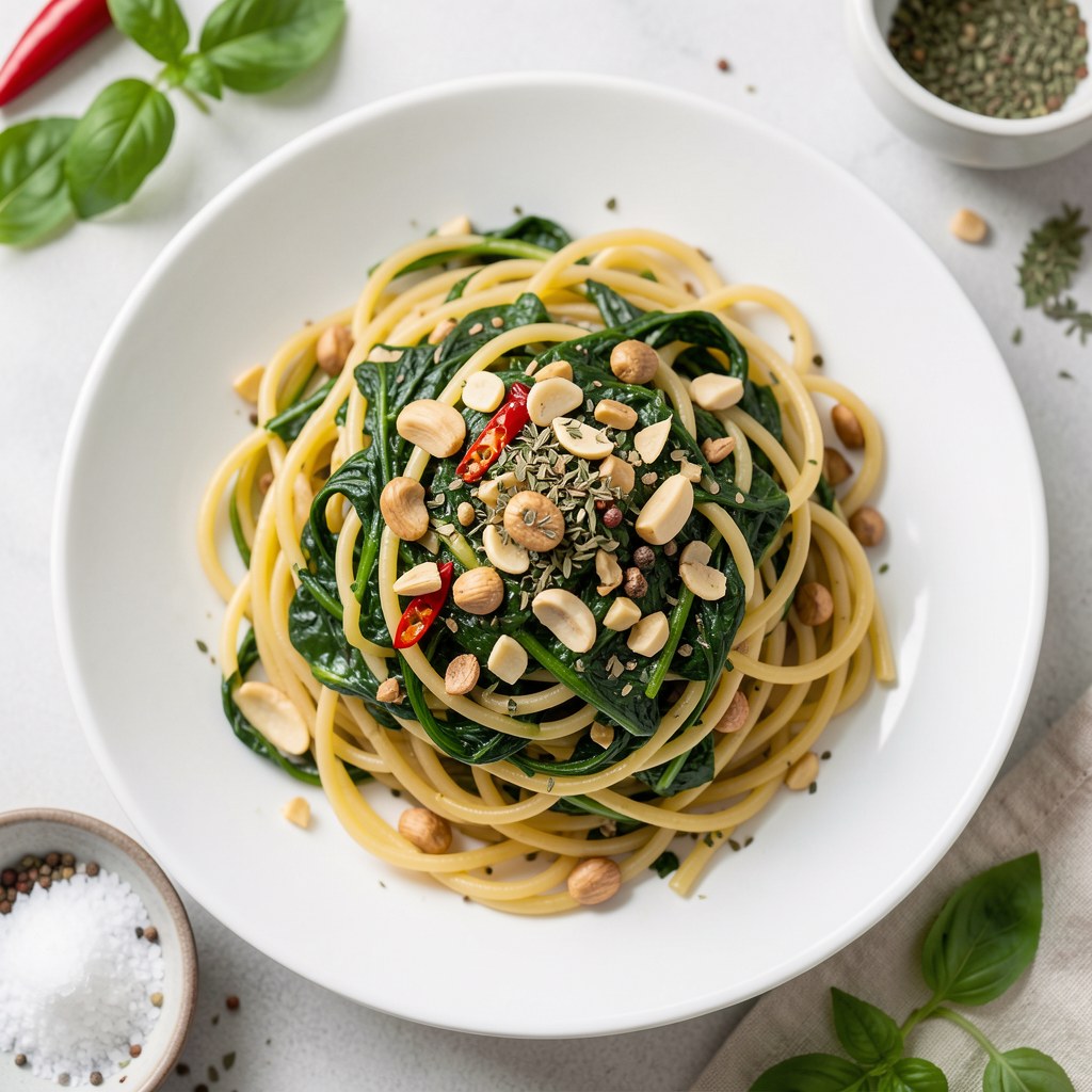 Spaghetti ze szpinakiem i orzechami włoskimi
