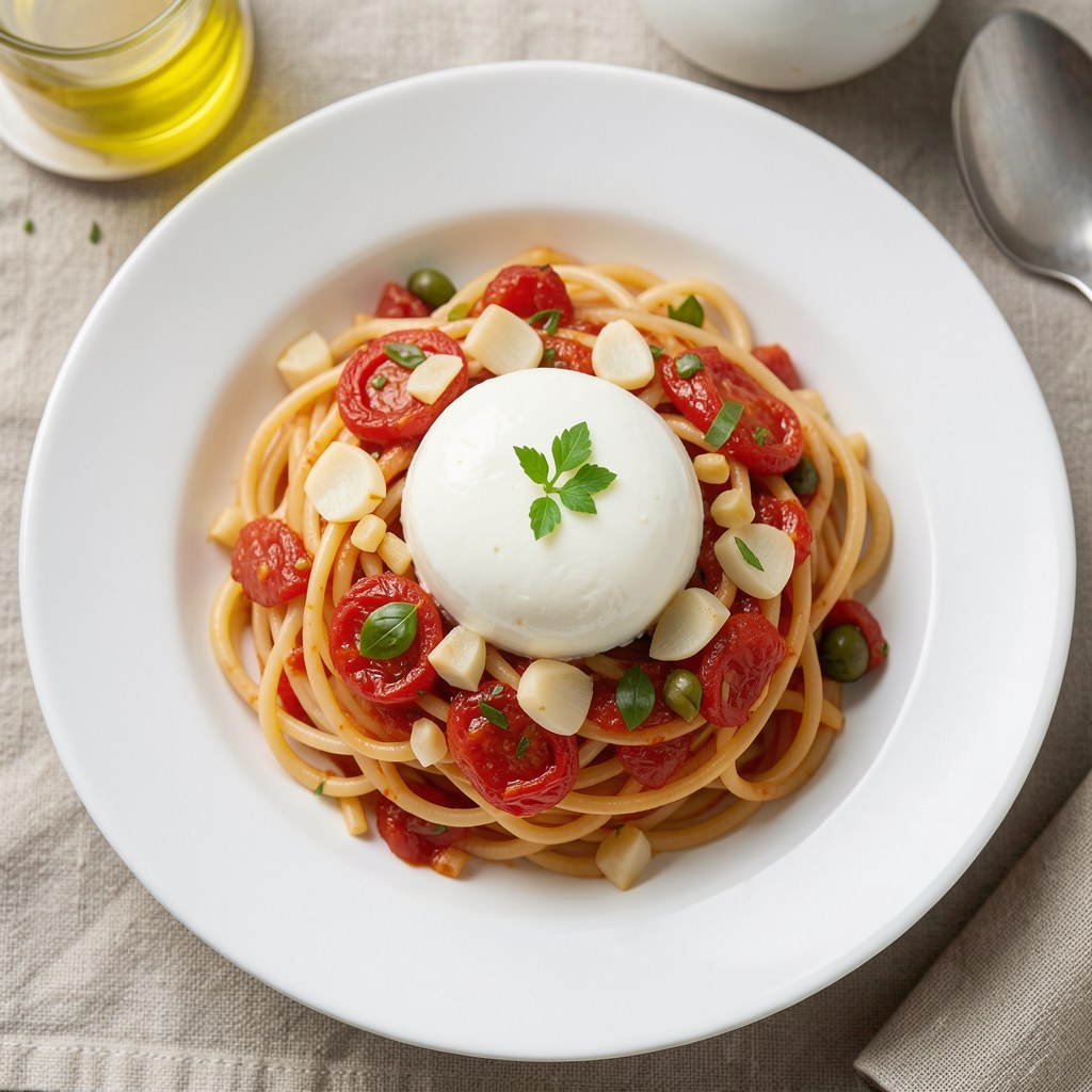 Spaghetti z porem i suszonymi pomidorami